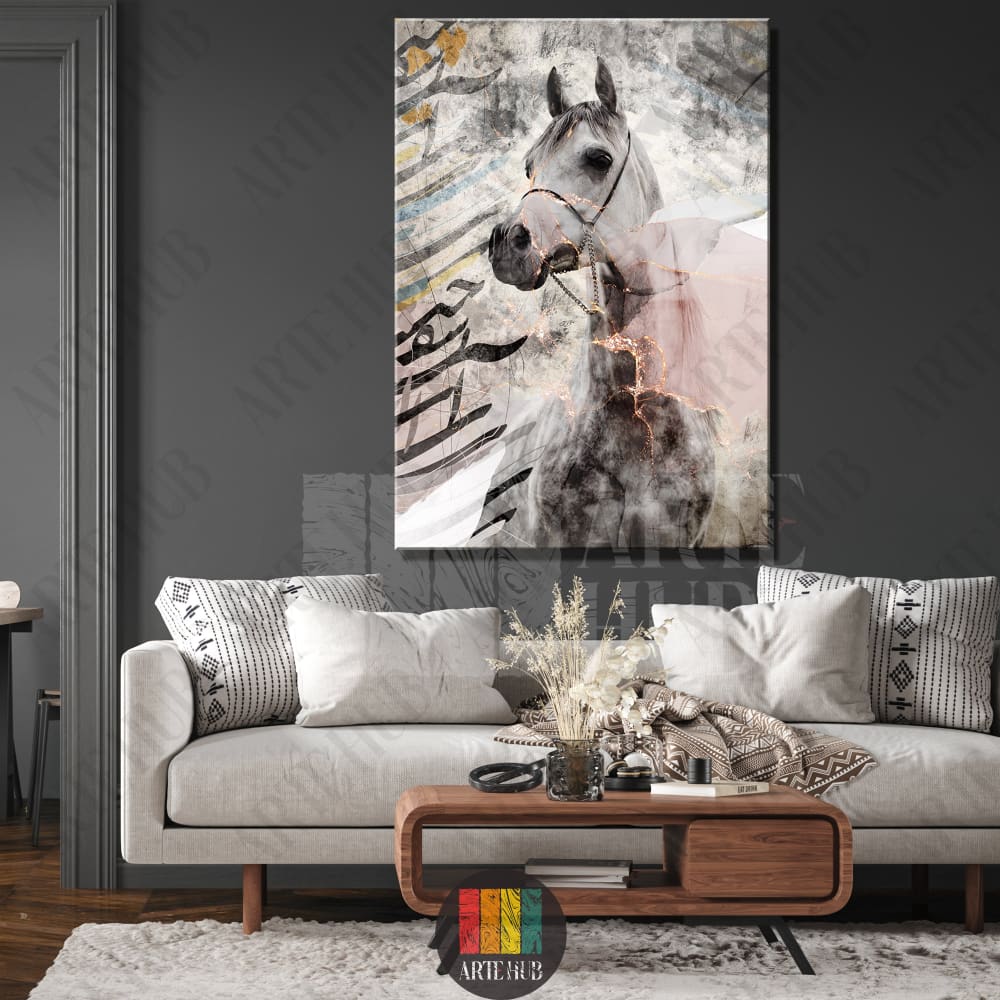 Modern canvas wall art of a grey Arabian horse with gold accents and Arabic calligraphy in a luxury living room setting Egypt.