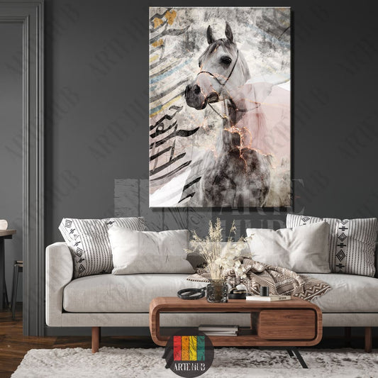 Modern canvas wall art of a grey Arabian horse with gold accents and Arabic calligraphy in a luxury living room setting Egypt.