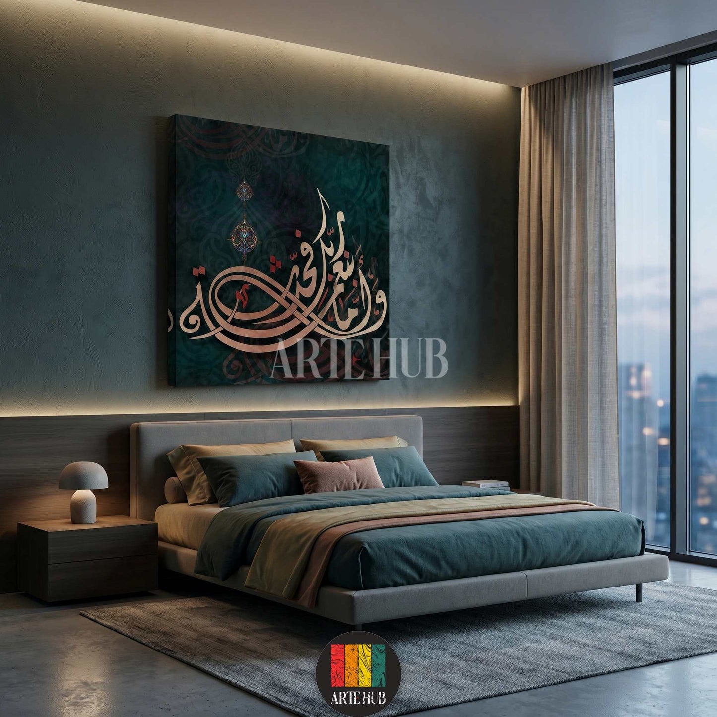 Large square canvas wall art featuring intricate gold Arabic calligraphy on a dark teal textured background, hanging in a modern luxury bedroom in Egypt.