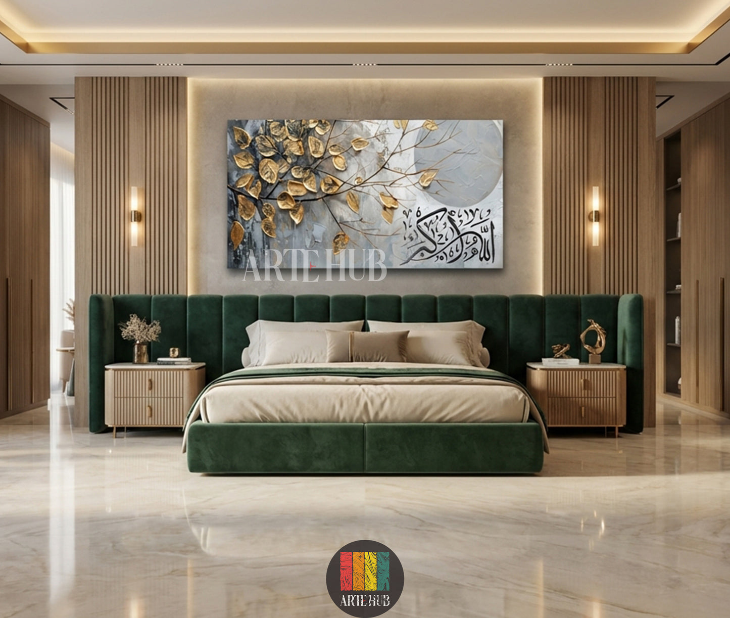 Luxury canvas wall art displaying golden leaf branches and black Arabic calligraphy in a contemporary master bedroom setting, ideal for modern decor in Egypt.