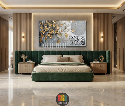 Luxury canvas wall art displaying golden leaf branches and black Arabic calligraphy in a contemporary master bedroom setting, ideal for modern decor in Egypt.