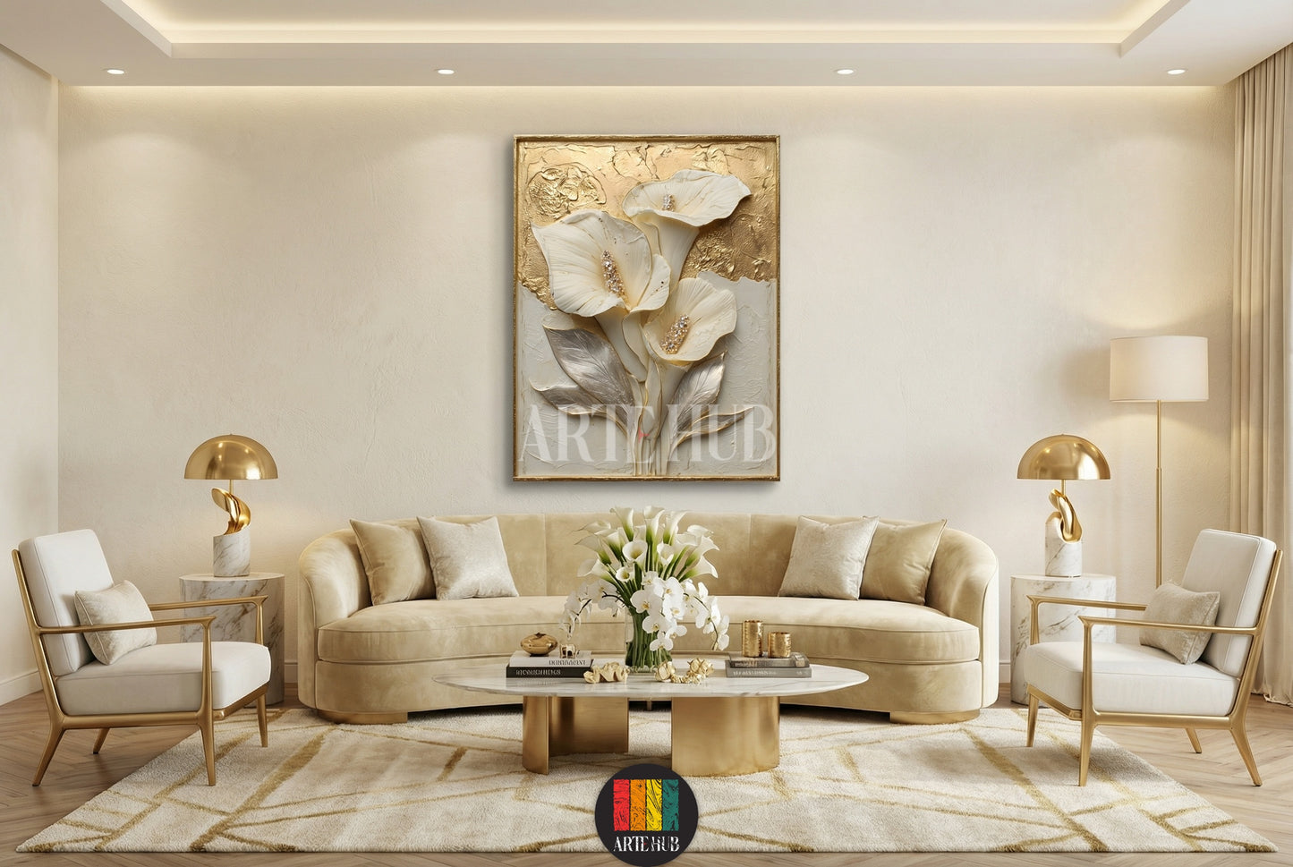 Luxury 3D textured calla lily canvas wall art with gold and silver accents in a modern beige living room setting, Egypt home decor.