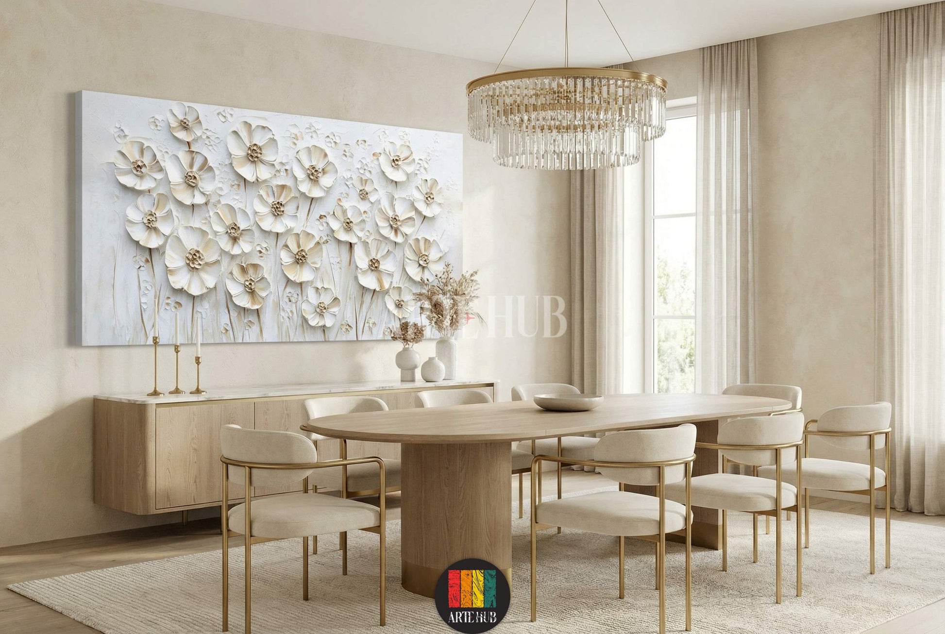 A high-end 3D textured white floral canvas wall art piece displayed in a luxury dining room with gold accents in Egypt.
