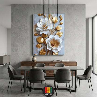 Modern canvas wall art featuring 3D-style white flowers with metallic gold leaves hanging in a luxury dining room interior in Egypt.