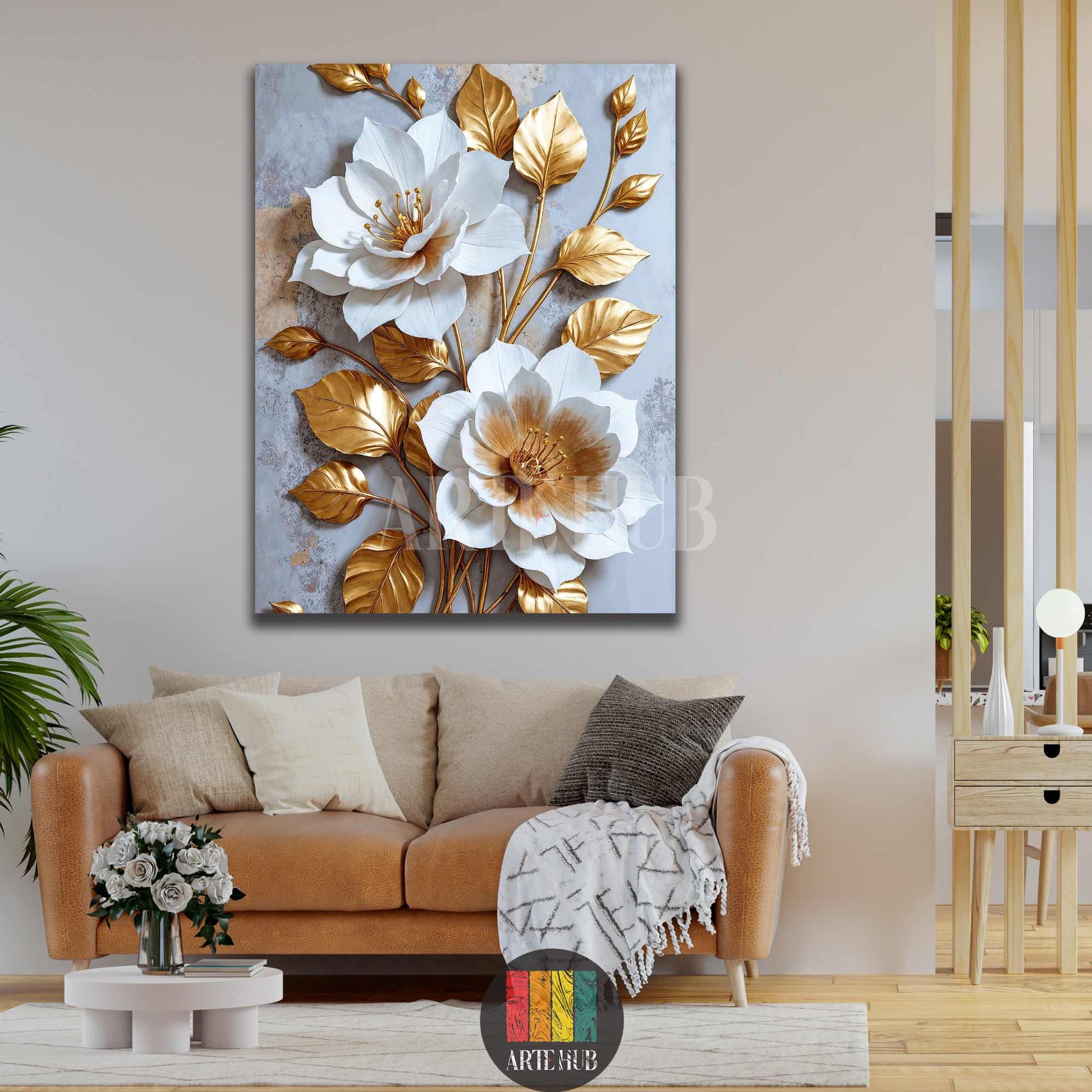 A premium 3D canvas wall art featuring sculpted white flowers and metallic gold leaves on a textured background, perfect for modern living rooms in Egypt.