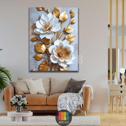 A premium 3D canvas wall art featuring sculpted white flowers and metallic gold leaves on a textured background, perfect for modern living rooms in Egypt.