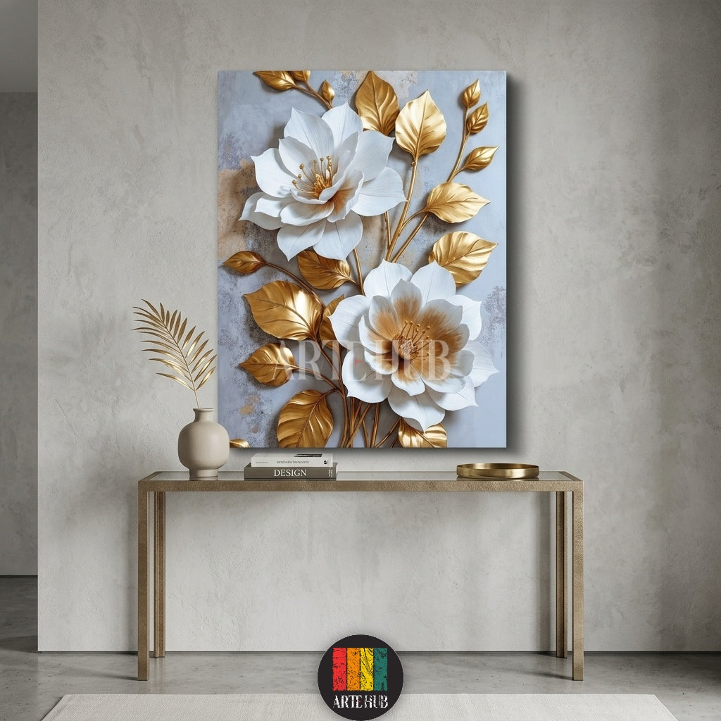 Luxury 3D-effect canvas wall art with elegant white flowers and metallic gold leaves on a grey textured background for premium home decor in Egypt.