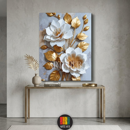 Luxury 3D-effect canvas wall art with elegant white flowers and metallic gold leaves on a grey textured background for premium home decor in Egypt.