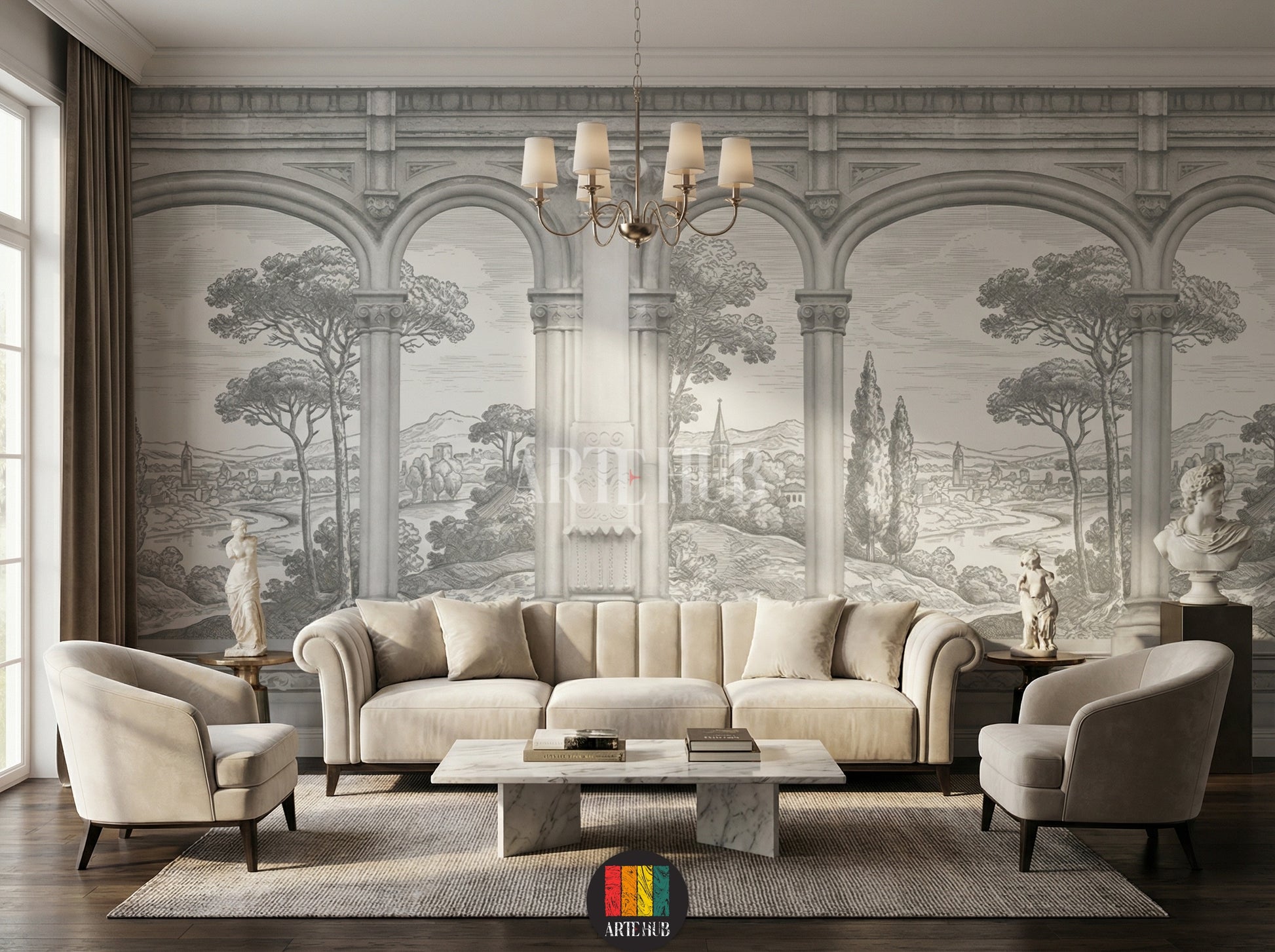 Sophisticated grayscale wallpaper mural depicting classical archways and a scenic landscape in a luxury living room setting.
room: living room