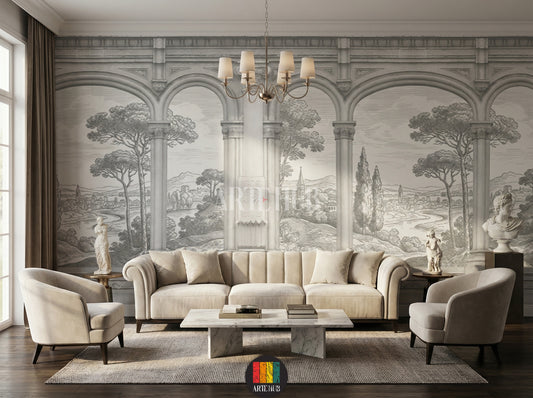 Sophisticated grayscale wallpaper mural depicting classical archways and a scenic landscape in a luxury living room setting.
room: living room