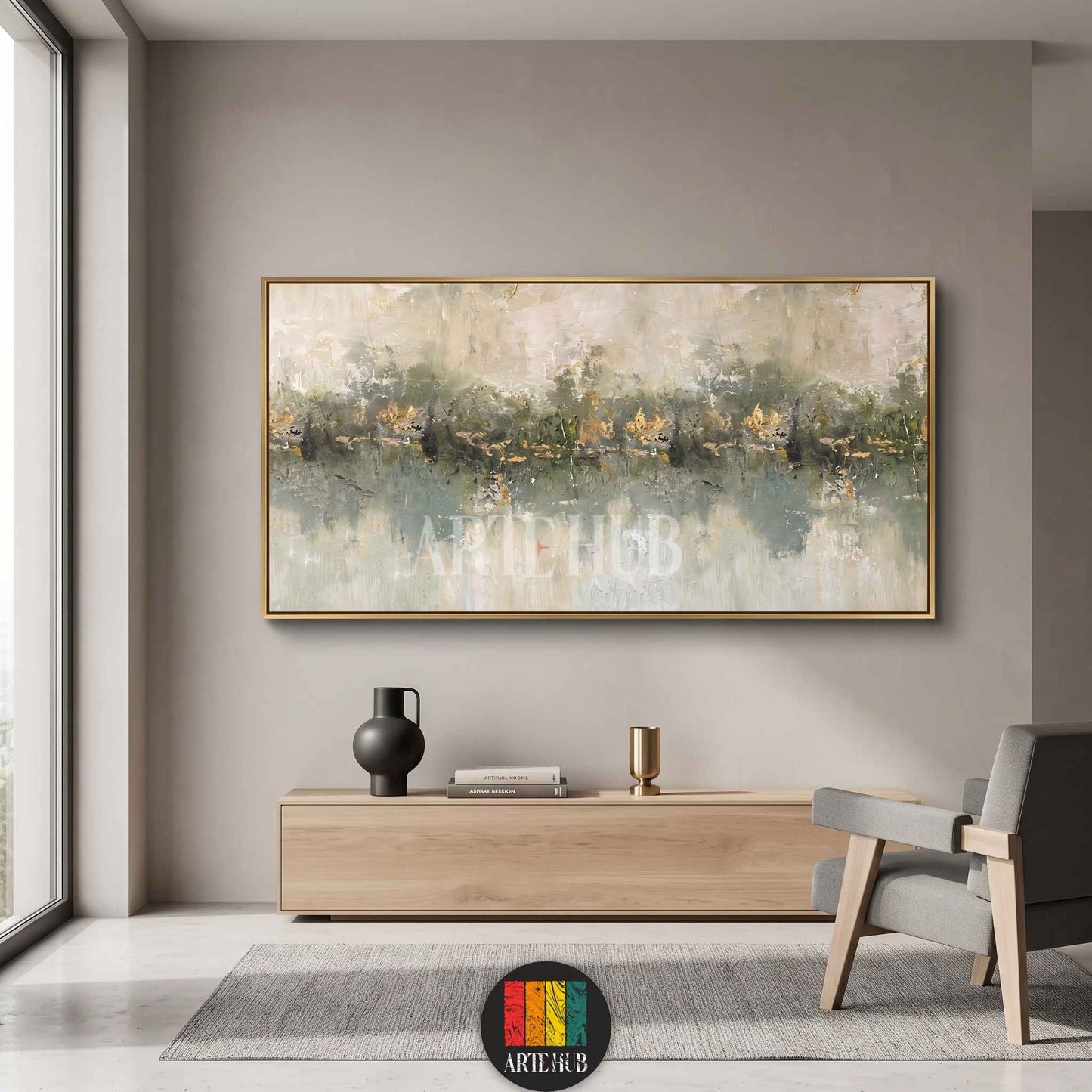 Horizontal abstract canvas wall art featuring misty green tones and gold leaf accents in a sleek gold frame, perfect for luxury home decor in Egypt.