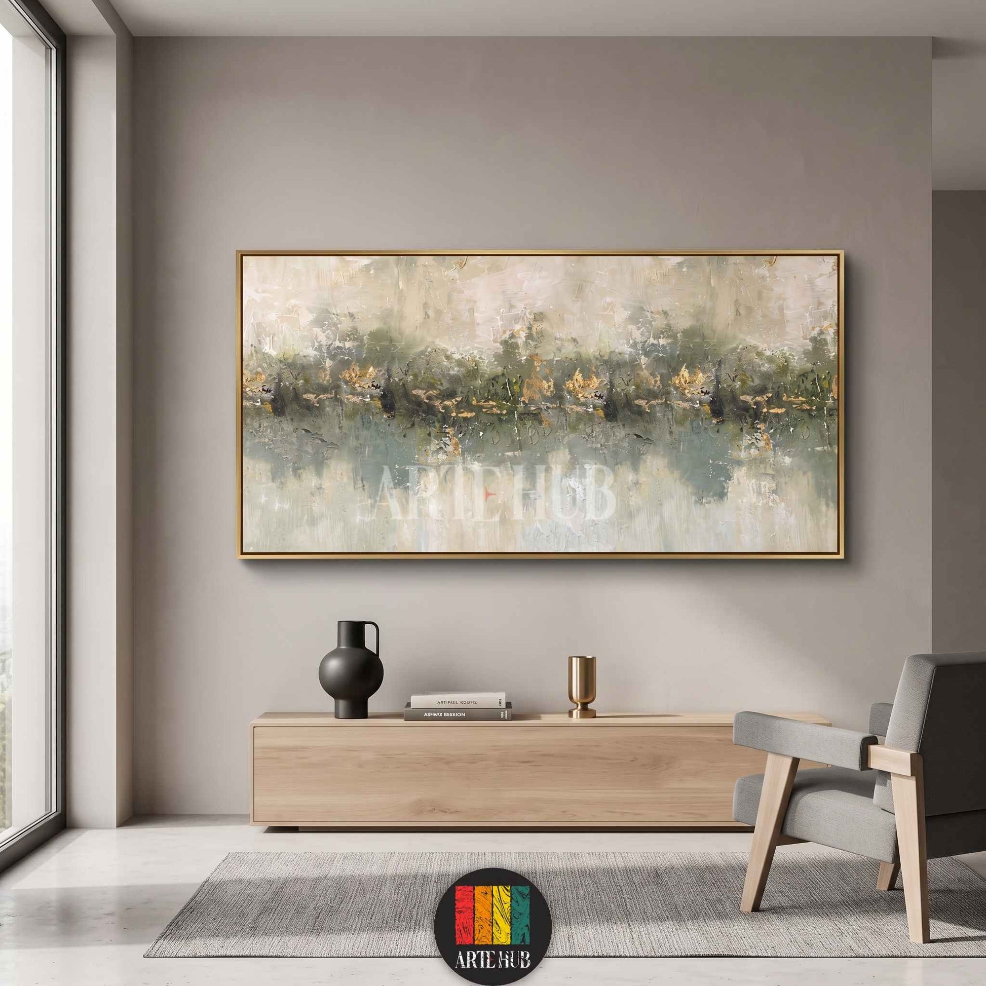 Horizontal abstract canvas wall art featuring misty green tones and gold leaf accents in a sleek gold frame, perfect for luxury home decor in Egypt.
