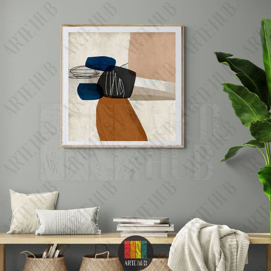 A premium modern abstract canvas wall art featuring geometric shapes in earthy terracotta, deep blue, and black, perfectly framed in a luxury Egyptian interior.