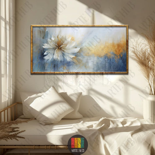 A premium horizontal canvas wall art displaying an abstract white flower with textured gold and blue accents, styled in a luxury modern room in Egypt.