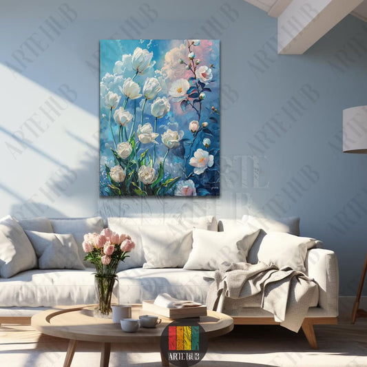 Impressionist oil painting style canvas wall art featuring white tulips and blossoms on a textured blue and pink background, modern luxury home decor.