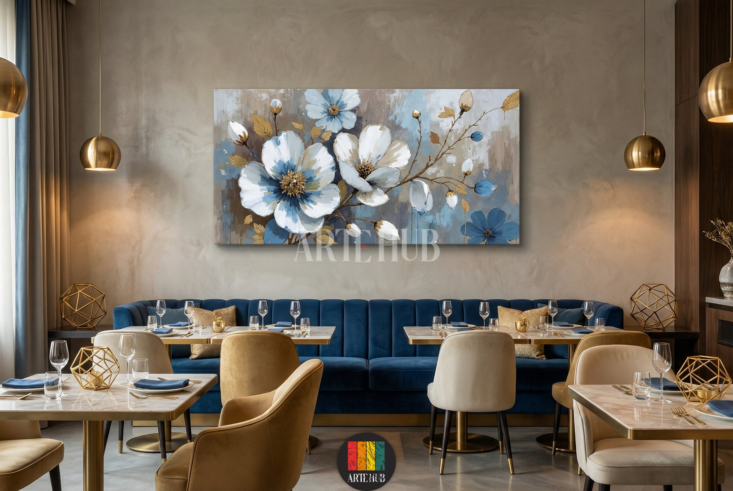 Modern canvas wall art featuring large blue and white flowers with gold accents in a luxury dining room setting in Egypt.