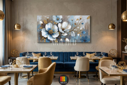 Modern canvas wall art featuring large blue and white flowers with gold accents in a luxury dining room setting in Egypt.