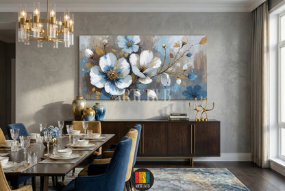 Large horizontal canvas wall art featuring abstract blue and white floral blossoms with gold accents in a luxury dining room interior.