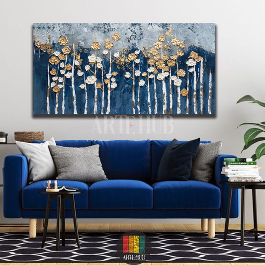 Modern textured canvas wall art featuring 3D white and gold flowers on a navy blue abstract background, perfect for a luxury living room in Egypt.