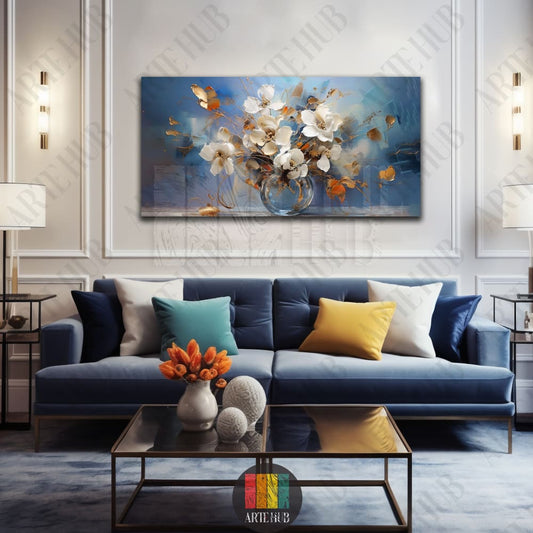 A luxury horizontal canvas wall art featuring white abstract flowers in a glass vase with gold highlights on a deep blue textured background.