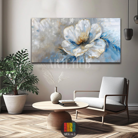 Modern floral canvas wall art featuring a large white flower with gold details and blue accents for luxury home decor in Egypt.