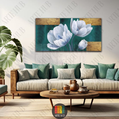 Modern canvas wall art with large white flowers on an emerald teal and gold background, ideal for luxury living room decor in Egypt.