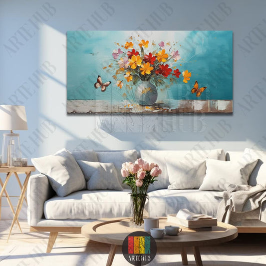 Modern canvas wall art featuring a vibrant bouquet of orange and red flowers with butterflies on a teal background for home decor in Egypt.