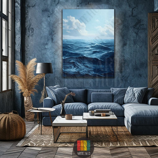 A majestic deep blue ocean waves canvas wall art piece displayed on a textured wall in a luxury modern living room in Egypt.