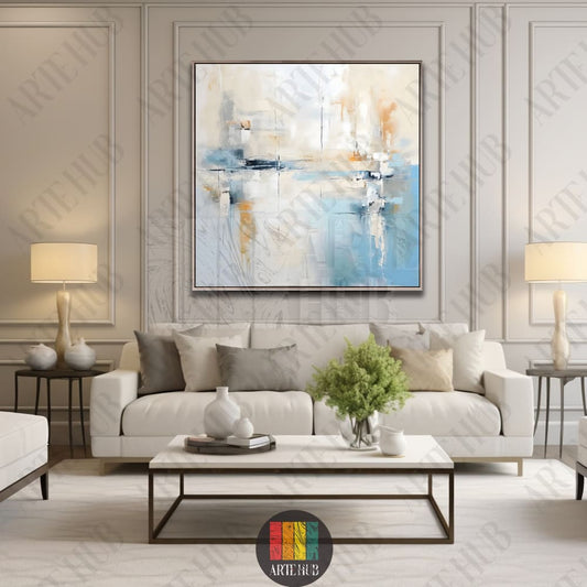 Large square abstract canvas wall art featuring light blue and beige brushstrokes in a modern living room setting, perfect for luxury home decor in Egypt.