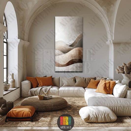 Vertical abstract canvas art featuring brown desert dunes and a vibrant blue sun, perfect for luxury modern living rooms in Egypt.
