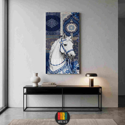 A premium vertical canvas wall art featuring a majestic white horse adorned with intricate blue mosaic patterns and oriental background motifs.