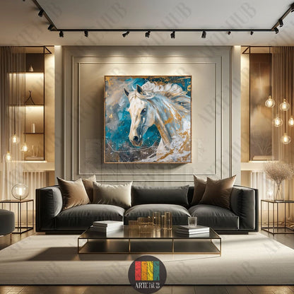 A luxury square canvas wall art featuring a majestic white horse with gold leaf details on a blue abstract background, styled in a modern living room.