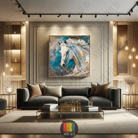 A luxury square canvas wall art featuring a majestic white horse with gold leaf details on a blue abstract background, styled in a modern living room.
