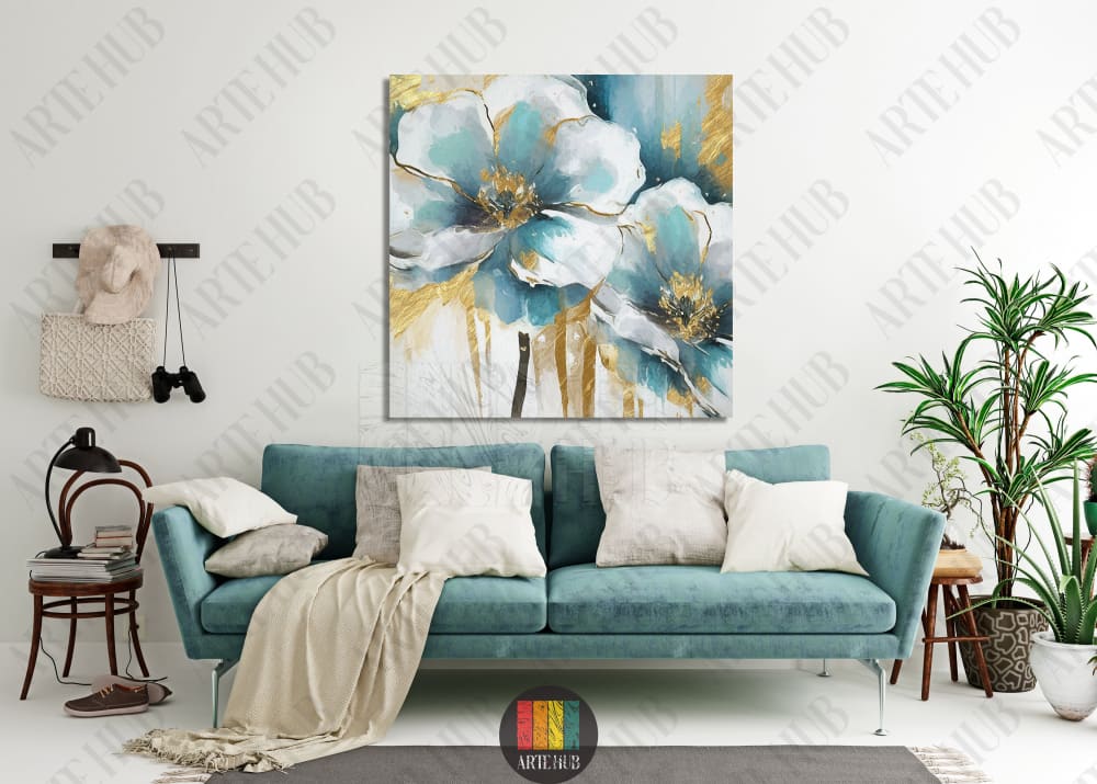 Abstract teal and white floral canvas wall art with luxury gold leaf accents, perfect for modern home decor in Egypt.