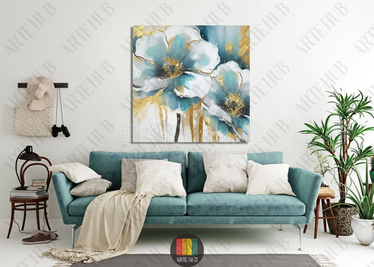 Abstract teal and white floral canvas wall art with luxury gold leaf accents, perfect for modern home decor in Egypt.