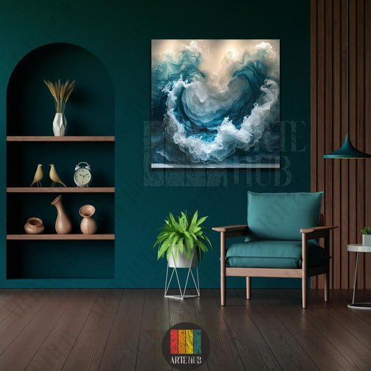 A square canvas wall art piece featuring abstract blue and white swirling wave patterns, displayed in a modern luxury living room in Egypt.