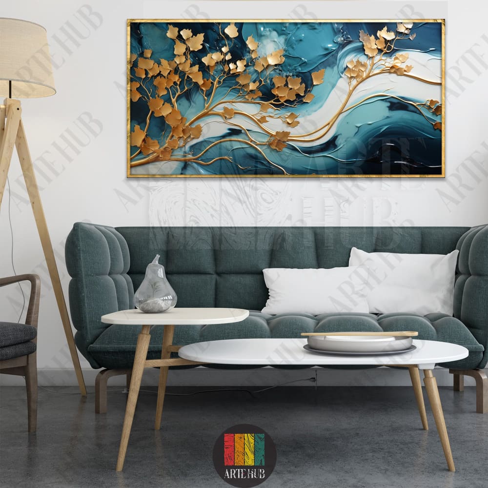 A luxurious canvas wall art piece featuring 3D golden tree branches on a swirling teal and white abstract background, framed in gold.