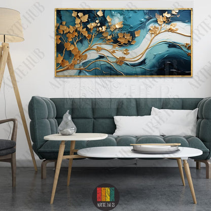 A luxurious canvas wall art piece featuring 3D golden tree branches on a swirling teal and white abstract background, framed in gold.