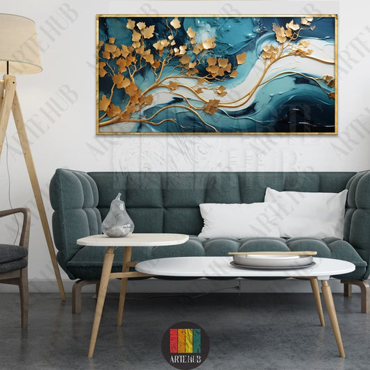 A luxurious canvas wall art piece featuring 3D golden tree branches on a swirling teal and white abstract background, framed in gold.