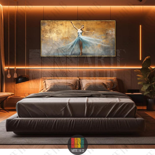 A stunning canvas wall art piece featuring a ballerina in a flowing blue dress against a textured gold background, perfect for luxury home decor in Egypt.