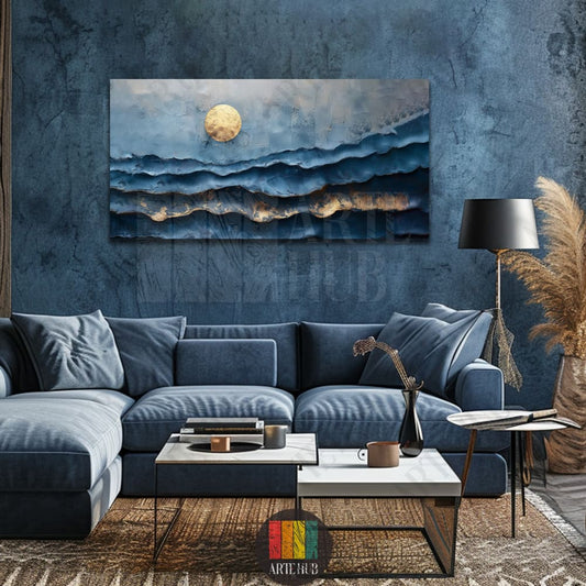 A luxurious abstract canvas wall art depicting deep blue textured waves and a golden sun disk, ideal for modern home decor in Egypt.