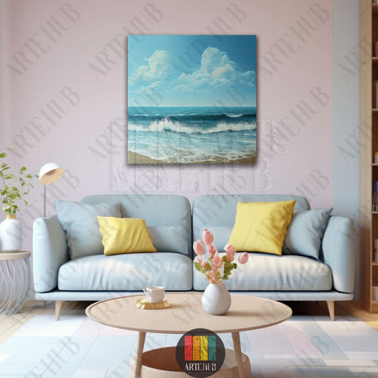 A premium canvas wall art piece depicting a serene ocean seascape with crashing waves and a cloudy sky, perfect for modern luxury home decor in Egypt.