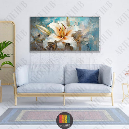 Elegant oil painting style white lily canvas wall art on a textured blue background, ideal for modern living room decor in Egypt.