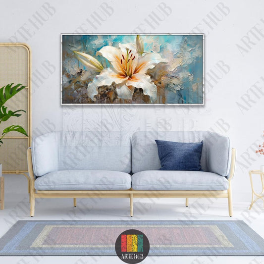 Elegant oil painting style white lily canvas wall art on a textured blue background, ideal for modern living room decor in Egypt.