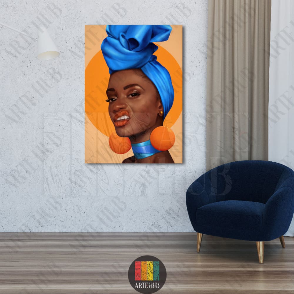 A striking portrait of an African woman wearing a bold blue headwrap and large orange earrings, depicted on a high-quality canvas wall art for modern home decor.