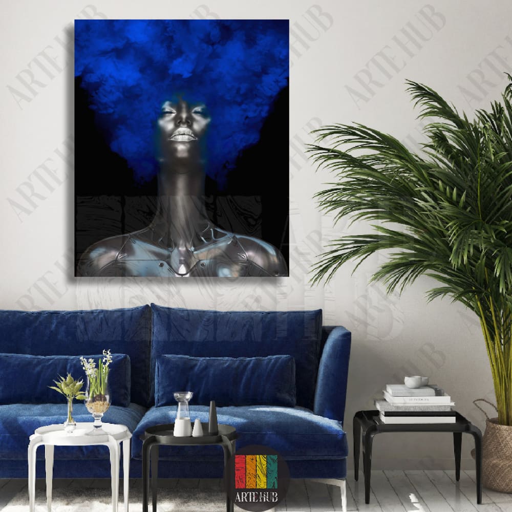 Modern canvas wall art featuring a futuristic woman with vibrant blue smoke hair, styled in a luxury living room in Egypt.