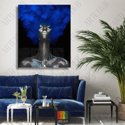 Modern canvas wall art featuring a futuristic woman with vibrant blue smoke hair, styled in a luxury living room in Egypt.