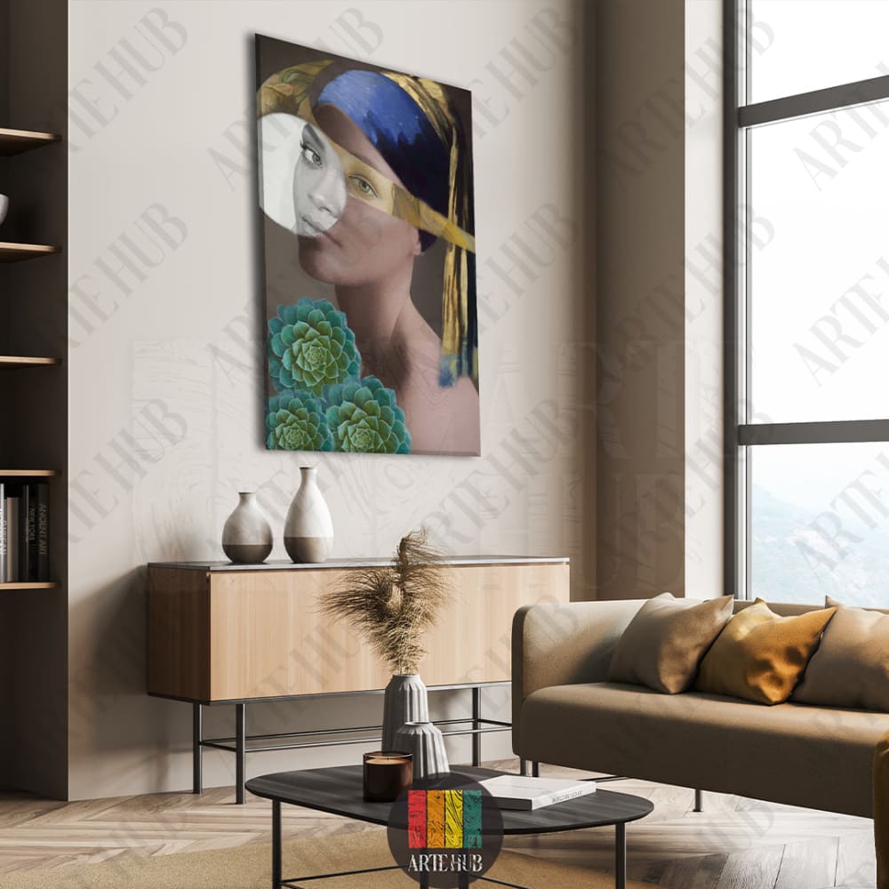 A luxury surreal portrait canvas wall art with vibrant succulents and golden accents, styled in a modern living room in Egypt.
