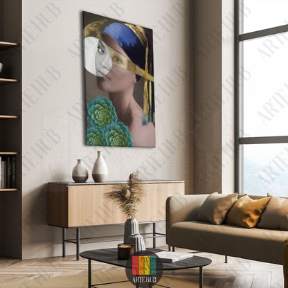 A luxury surreal portrait canvas wall art with vibrant succulents and golden accents, styled in a modern living room in Egypt.