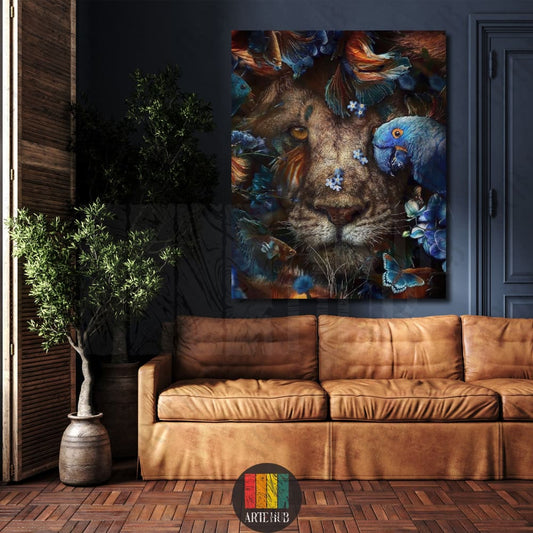 A surreal vertical canvas wall art featuring a majestic lion's face intertwined with blue birds and floral elements, hung above a leather sofa in a luxury Egypt home.